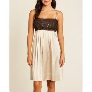 BCBG MAXAZRIA dress bridesmaid babydoll embellished top satin bottom tan/brown